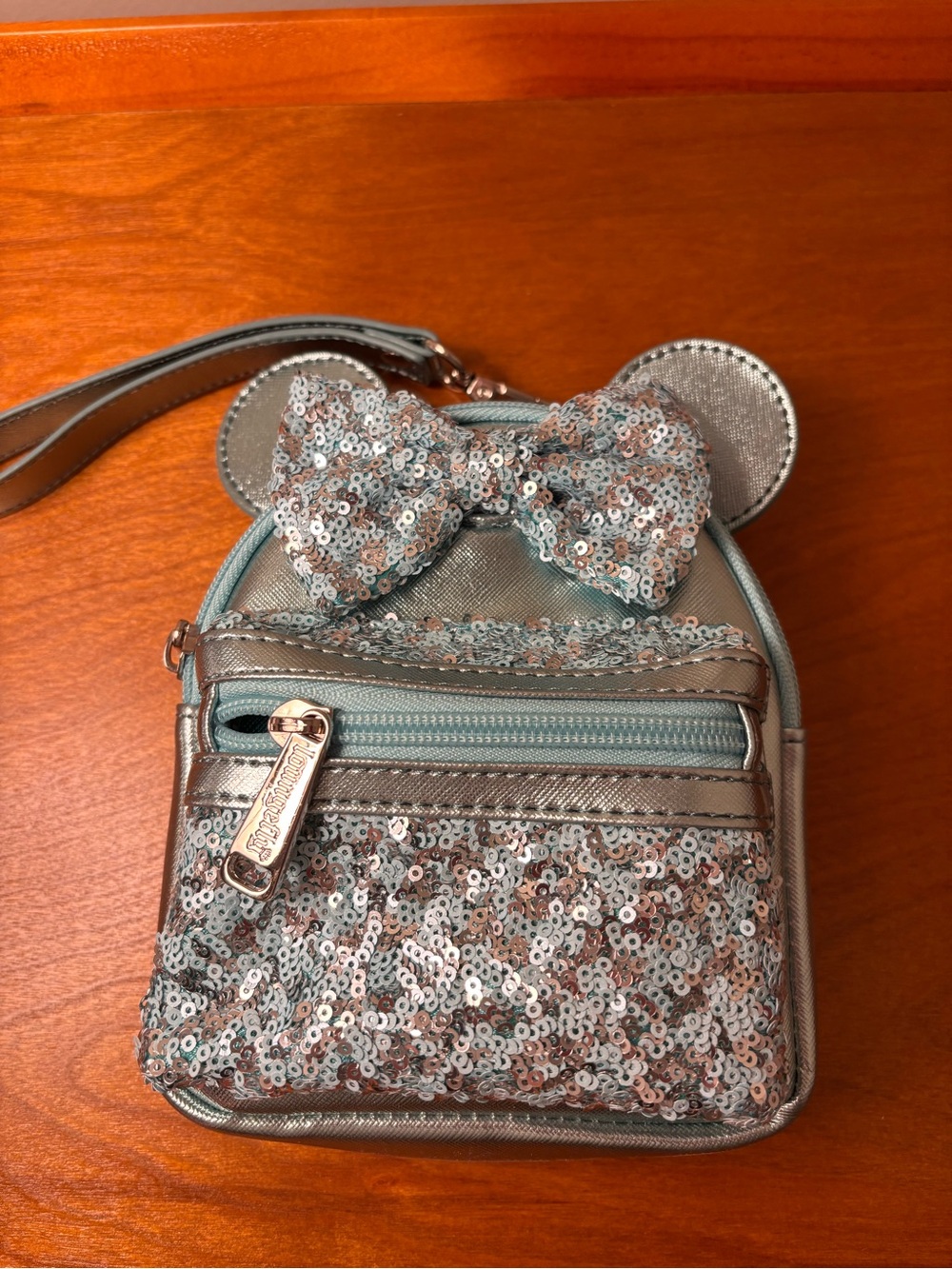 Loungefly Silver Blue Sequin Bow Kids Wristlet Backpack